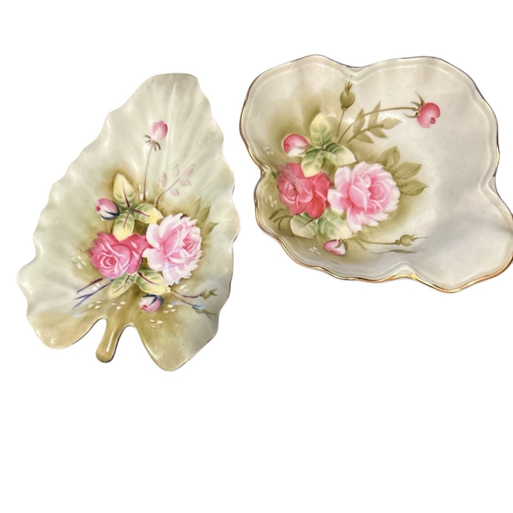 Vtg Lefton China Leaf Pink Rose Candy Nut Trinket Dish & Plate #1860 & 01860